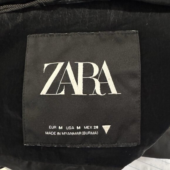 Zara Puffer Coat Jacket Womens M Black Quilted Wax Crop Oversized Winter - Picture 9 of 12